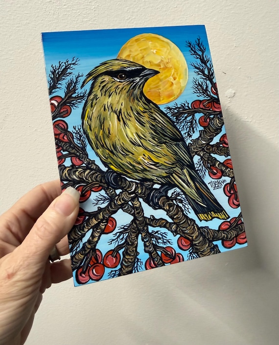 Cedar Waxwing Bird Painting, Original Acrylic Art (5x7")