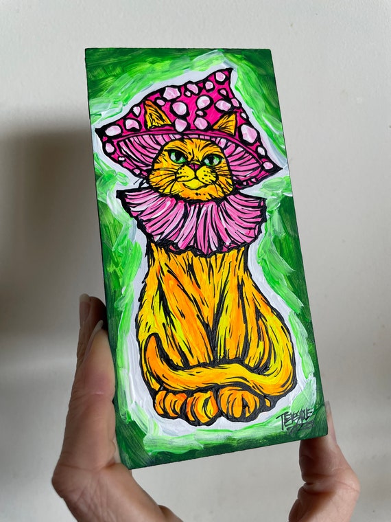 3x6” Neon UV Reactive  Meowshroom Orange Kittycat Cat Painting by Tracy Levesque