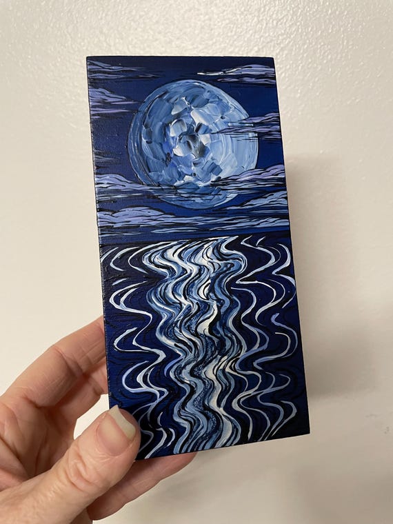 3x6” Waves of Blue Night Sky Full Moon Blue Seascape Painting by Tracy Levesque