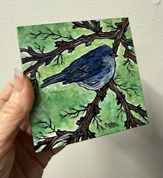 Dark-eyed Junco Bird Painting by Tracy Levesque (4x4”)