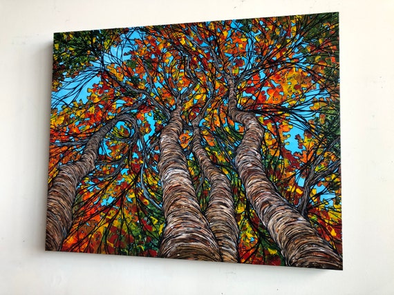 24x30” Cornucopia of Fall Color Beautiful Fall Trees Dynamic Trees one of a kind original acrylic painting on wood by Tracy Levesque