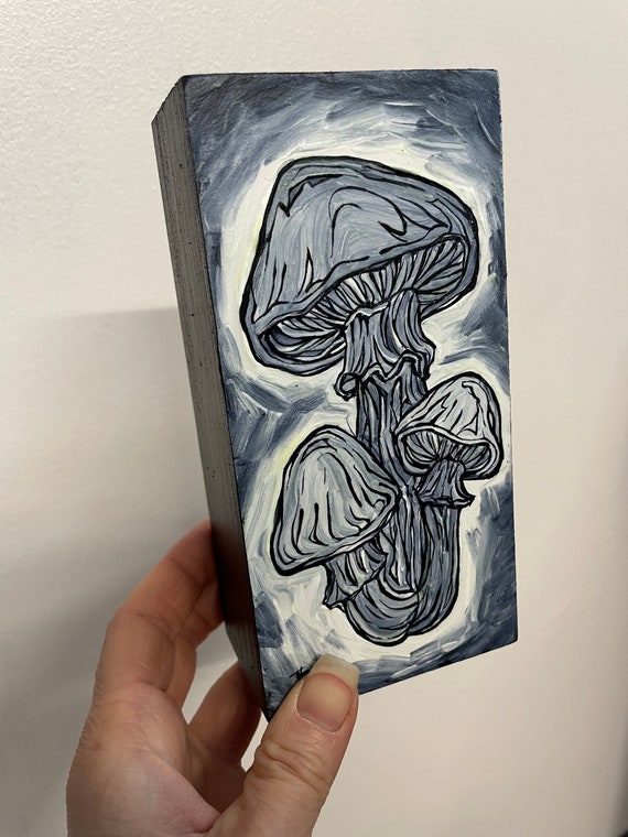 3x6” Glow in the Dark Green Glow Mushroom  acrylic painting by Tracy Levesque