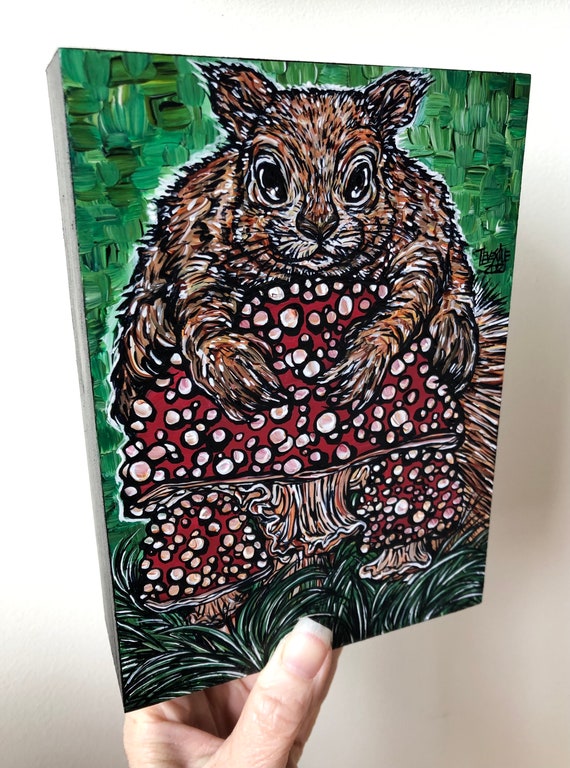 5x7” Shroom Squirrel Amanita Muscaria  Mushroom original acrylic painting by Tracy Levesque