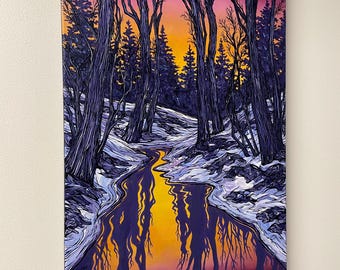 Winter Twilight Acrylic Painting: Original Landscape Art (20x30”)