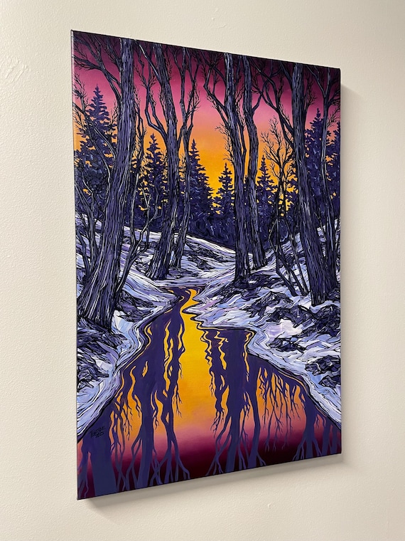 20x30” Gorgeous Winter Scene Landscape Painting Twilight Talestry Winterscape  original acrylic painting by Tracy Levesque