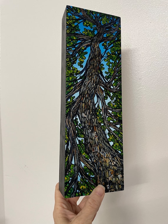 4x12” Long Brown Tree Looking Up the Tree Trunk Summer Tree original acrylic tree painting by Tracy Levesque
