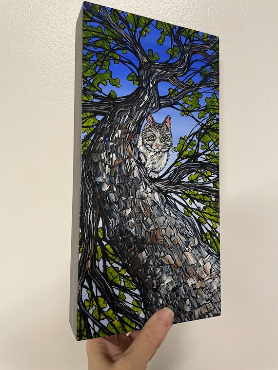 6x12” Tabby Cat in a Tree Looking Up a Tree Cat in Tree painting by Tracy Levesque