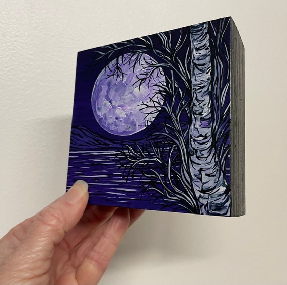 4x4" Purple Birch Lake Moon Birch Tree Night Sky painting by Tracy Levesque