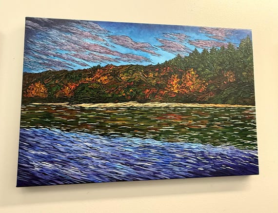 Walden Pond in Autumn Acrylic Landscape Painting: 24x36" Chromatic Original Art