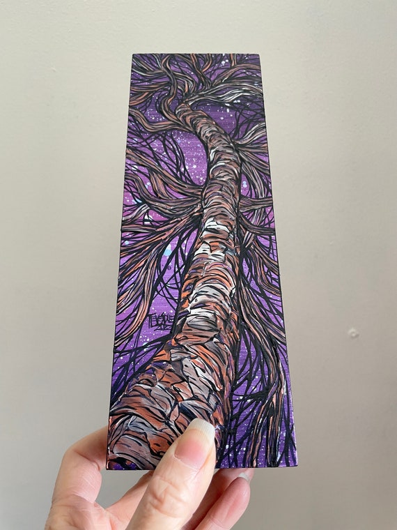 3x9" Iridescent Purple Night Cooper Tree Trunk Painting by Tracy Levesque