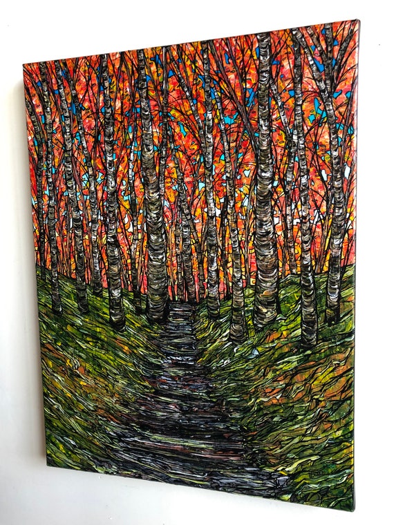 18x24” Woodland Wonder Path in the Forest original acrylic painting by Tracy Levesque