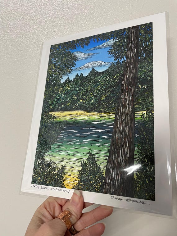 8x10” Giclee print of Spring Greens Pond View Blue and Green Walden Pond Print Art by Tracy Levesque