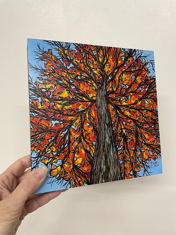 8x8” Beautiful Bursting Fall Foliage Tree Autumn in New England painting by Tracy Levesque