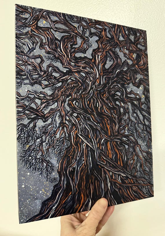 Twisted Twilight Tree Acrylic Painting: Iridescent Tree Trunk Art (9x12)