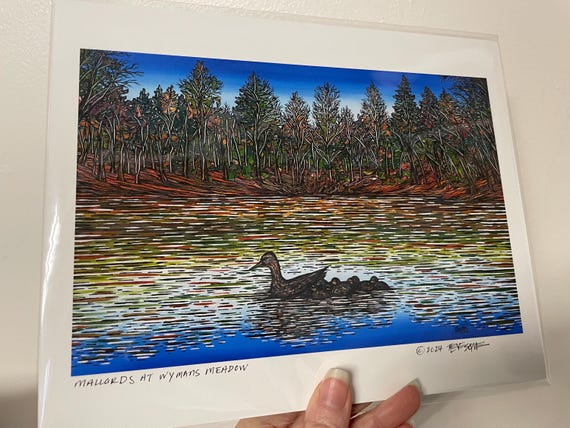 8x10” Giclee print Mallards at Wyman’s Meadow Ducks at Walden Pond Fall Foliage Autumn Trees Walden Pond Print Art by Tracy Levesque