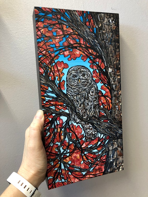 6x12” Barred Owl in a Tree original acrylic painting by Tracy Levesque