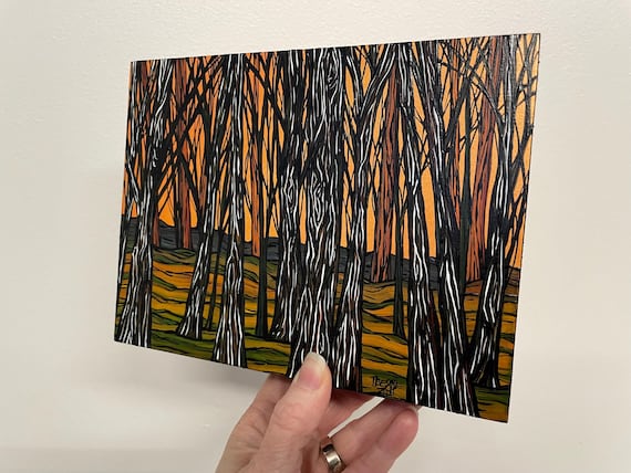 6x8” Golden Forest Trees in the Woods Fall in New England Trees original acrylic painting by Tracy Levesque