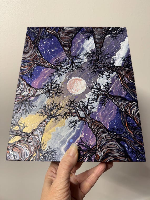 8x10" When Stars Come Out Acrylic Painting: Iridescent Milky Way Trees and Moon Art