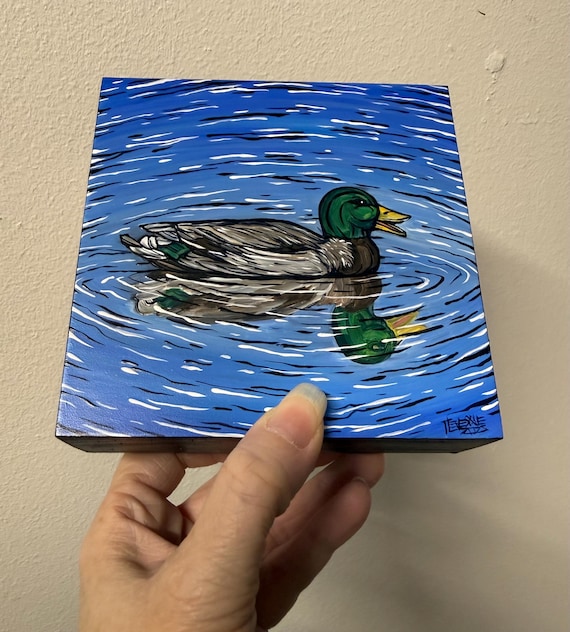 5x5” Happy Mallard Duck original acrylic painting by Tracy Levesque