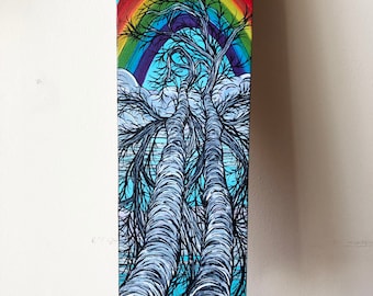 4x12” Rainbow Birch Tree Buddies original acrylic painting by Tracy Levesque