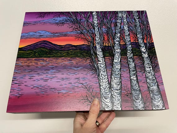 11x14” Enchantment on the Water Birch Trees on the Lake Mountain View Scenic Lake Sunrise Sunset painting by Tracy Levesque