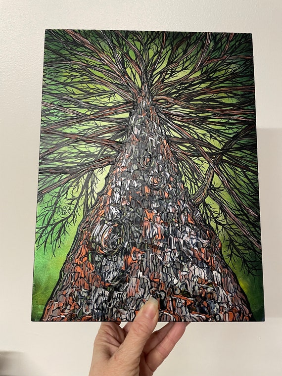 9x12” Norway Spruce Tree Trunk Looking Up a Tree Green Iridescent acrylic painting by Tracy Levesque