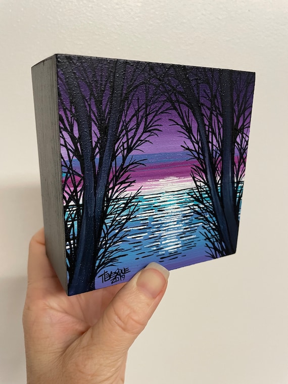 4x4” Blue Purple Sunset Ocean View Through the Trees JB49 original acrylic mini painting by Tracy Levesque