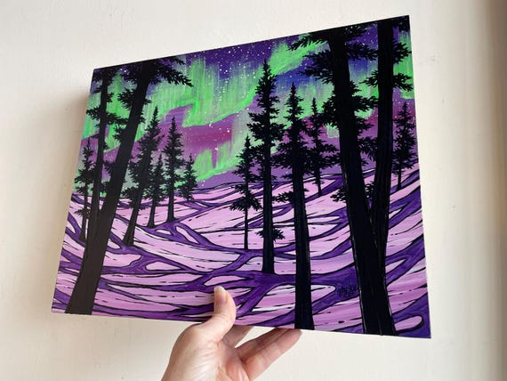 11x14” Glow Over the Snow Northern Lights Aurora Borealis Night Sky Winter painting by Tracy Levesque