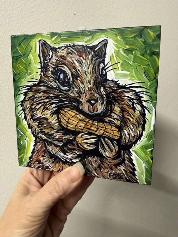 5x5” Chipmunk Eating a Peanut Cute Animal Art original acrylic painting by Tracy Levesque