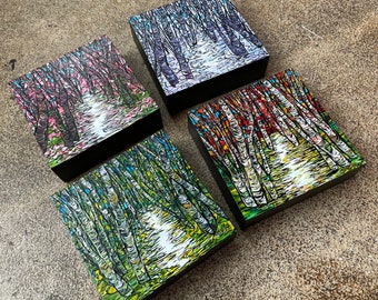 Four Seasons Tree Painting Set: New England Forest Acrylic Art (5x5)