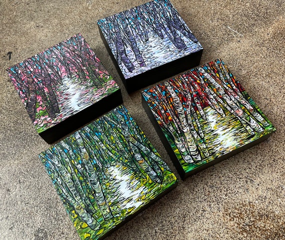 The Four Seasons Tree Collection Path in the Forest New England Trees Set of (4) 5x5” paintings by Tracy Levesque