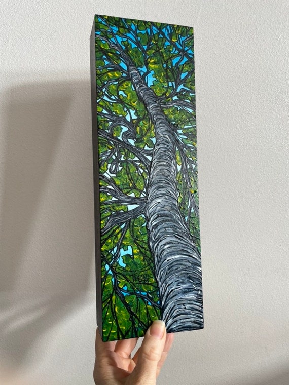 4x12” Tall Green Beech Tree original acrylic painting by Tracy Levesque