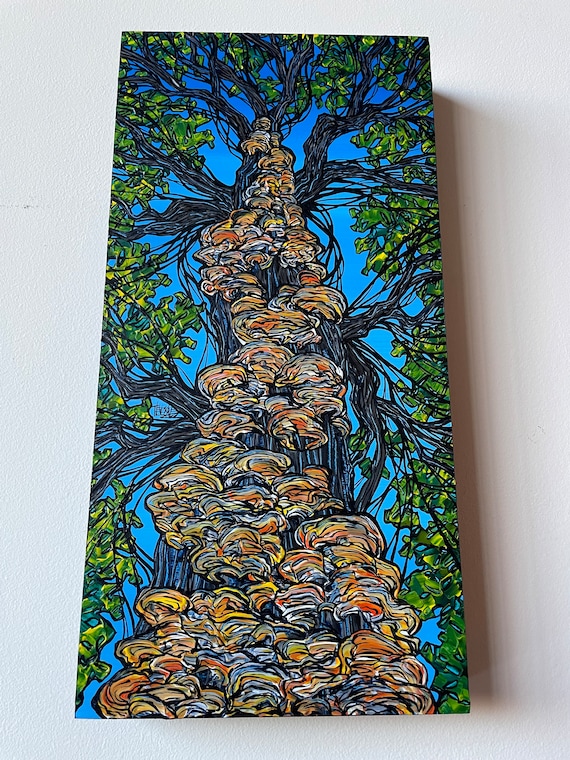 8x16” Orange Tree Fungus Chicken of the Woods Looking Up a Tree painting by Tracy Levesque