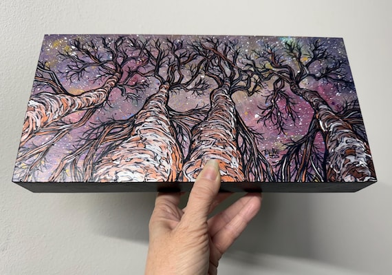 6x12” Looking Up at the Night Sky Iridescent Tree painting by Tracy Levesque