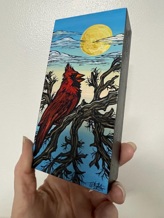 3x6” Chirping Cardinal Sunny Day Beautiful Bird Painting by Tracy Levesque
