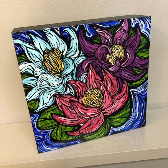 6x6” Three Lucky Lotus Water Colorful Lilies original acrylic painting by Tracy Levesque