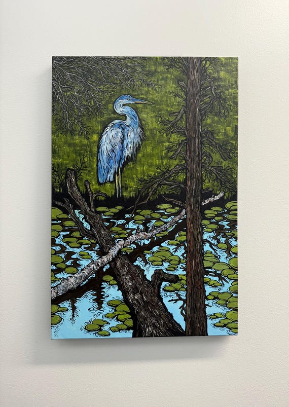 Great Blue Heron at Walden Pond Acrylic Painting: New England Bird Landscape (20x30”)