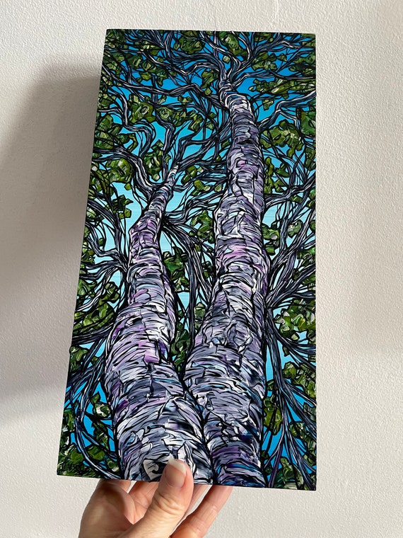 6x12" Springtime Birch Tree Beauties Looking Up the Tree Trunks original painting by Tracy Levesque