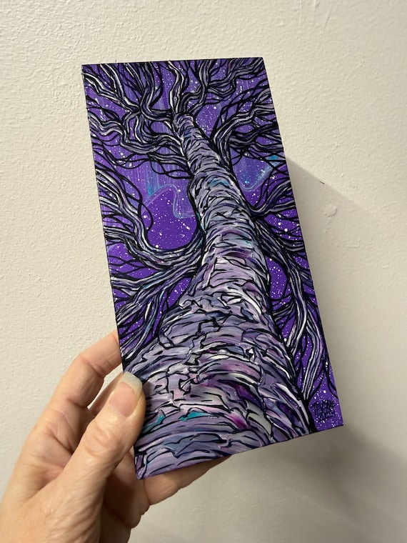 4x8” Mysterious Iridescent Aurora Northern Lights Tree Painting by Tracy Levesque