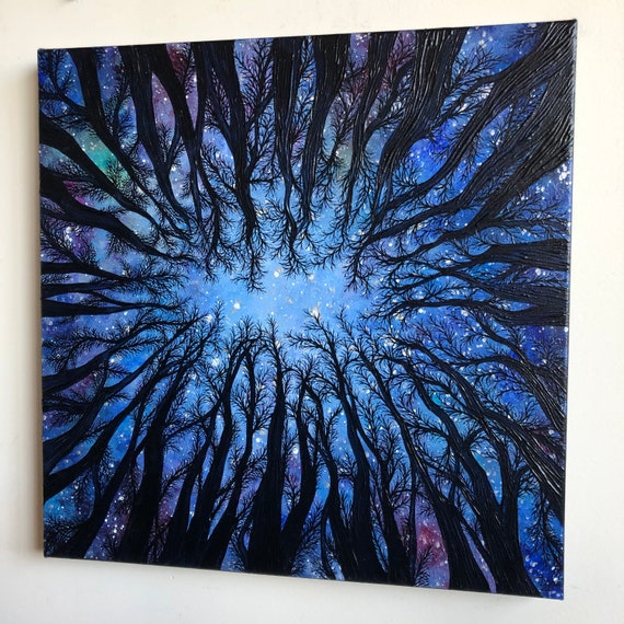 24x24” Starry Expanse looking up the trees into the night sky original painting by Tracy Levesque