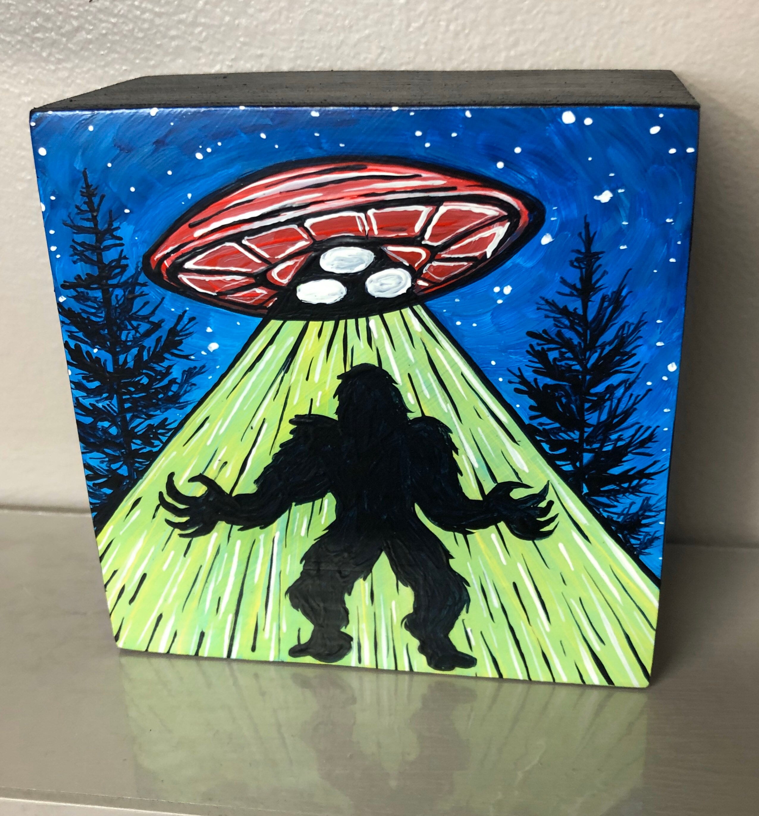 Sasquatch Bigfoot UFO Abduction 4x4” original acrylic painting by