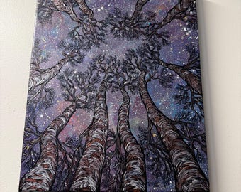 Spectacular Night Sky Painting Looking Up the Trees (16x20”)