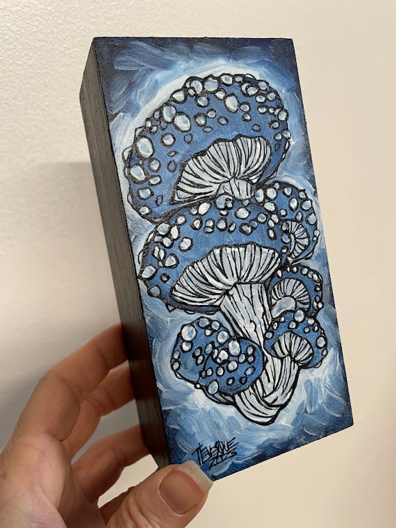3x6” Glow in the Dark Blue Glow Mushroom  acrylic painting by Tracy Levesque
