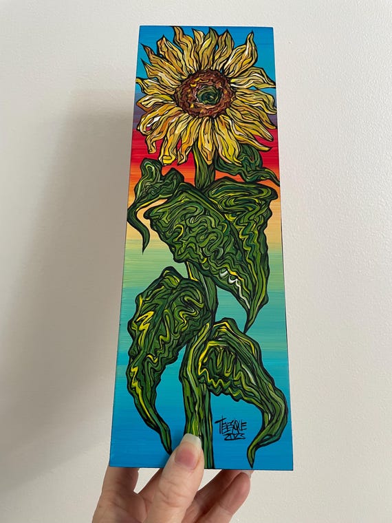 4x12” Gorgeous Rainbow Sunflower original acrylic painting by Tracy Levesque