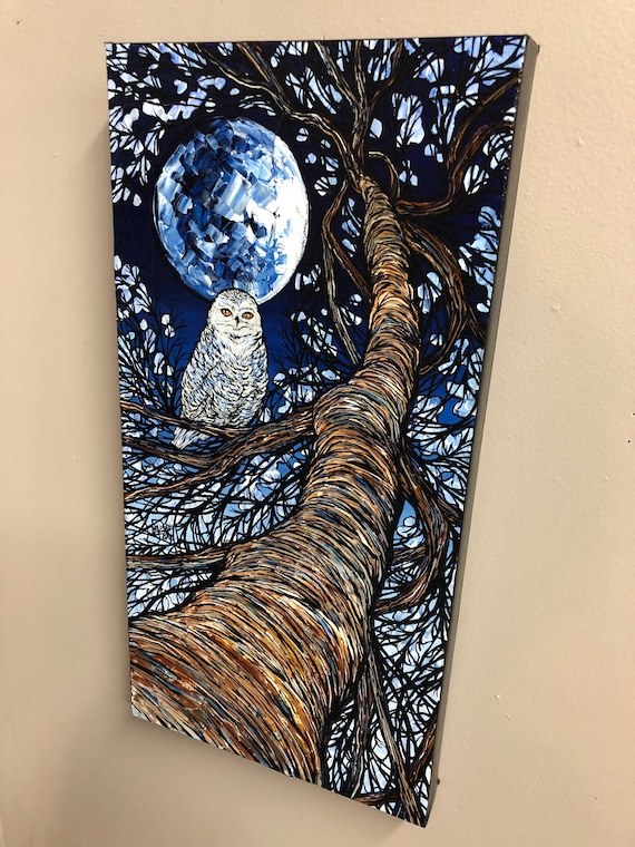 Blue Moon Snow Owl Tree, 10x20” Original acrylic painting by Tracy Levesque