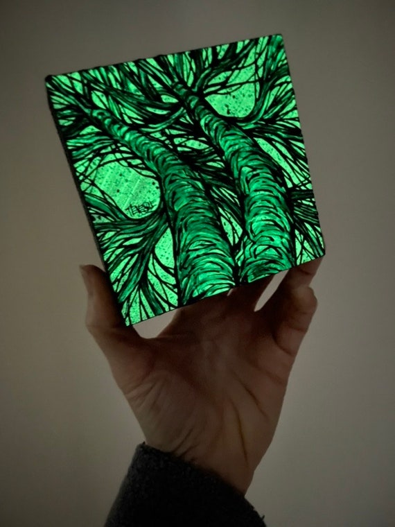 4x4” Glow in the Dark Looking Up a Couple Trees painting by Tracy Levesque