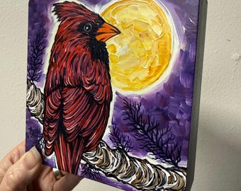 Red Cardinal Full Moon Acrylic Painting: Night Wildlife Artwork (5x5")