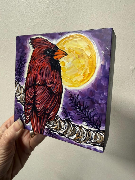 Cardinal Moon Acrylic Painting: Full Moon Red Cardinal Artwork (5x5”)