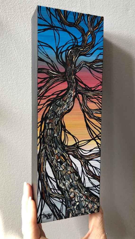 Happy Tree 3x9” original acrylic painting by Tracy Levesque