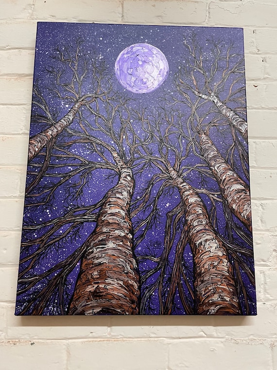 18x24”  Moon Orb Trees Night Sky Iridescent Full Moon Tree Painting by Tracy Levesque